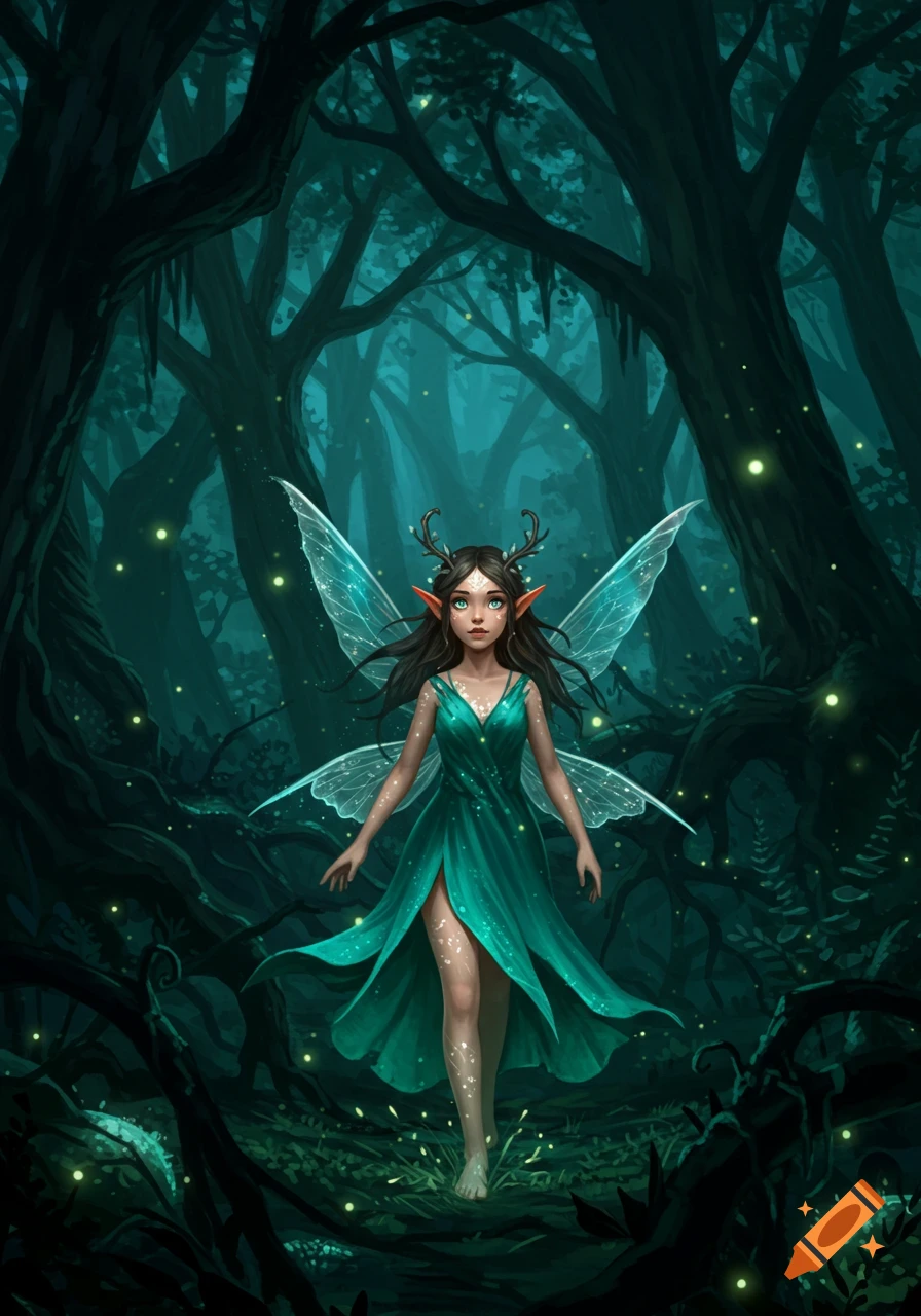 A fairy with antlers and translucent wings in a teal dress stands in a dark, glowing forest.