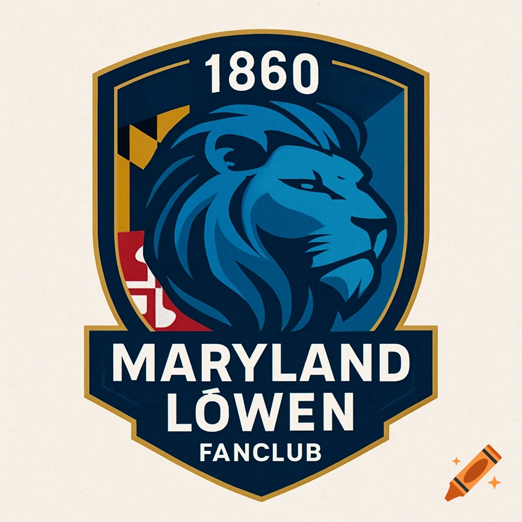 A shield-shaped logo featuring a blue lion head in profile, the number 1860, and the text "Maryland Löwen Fanclub" at the bottom.