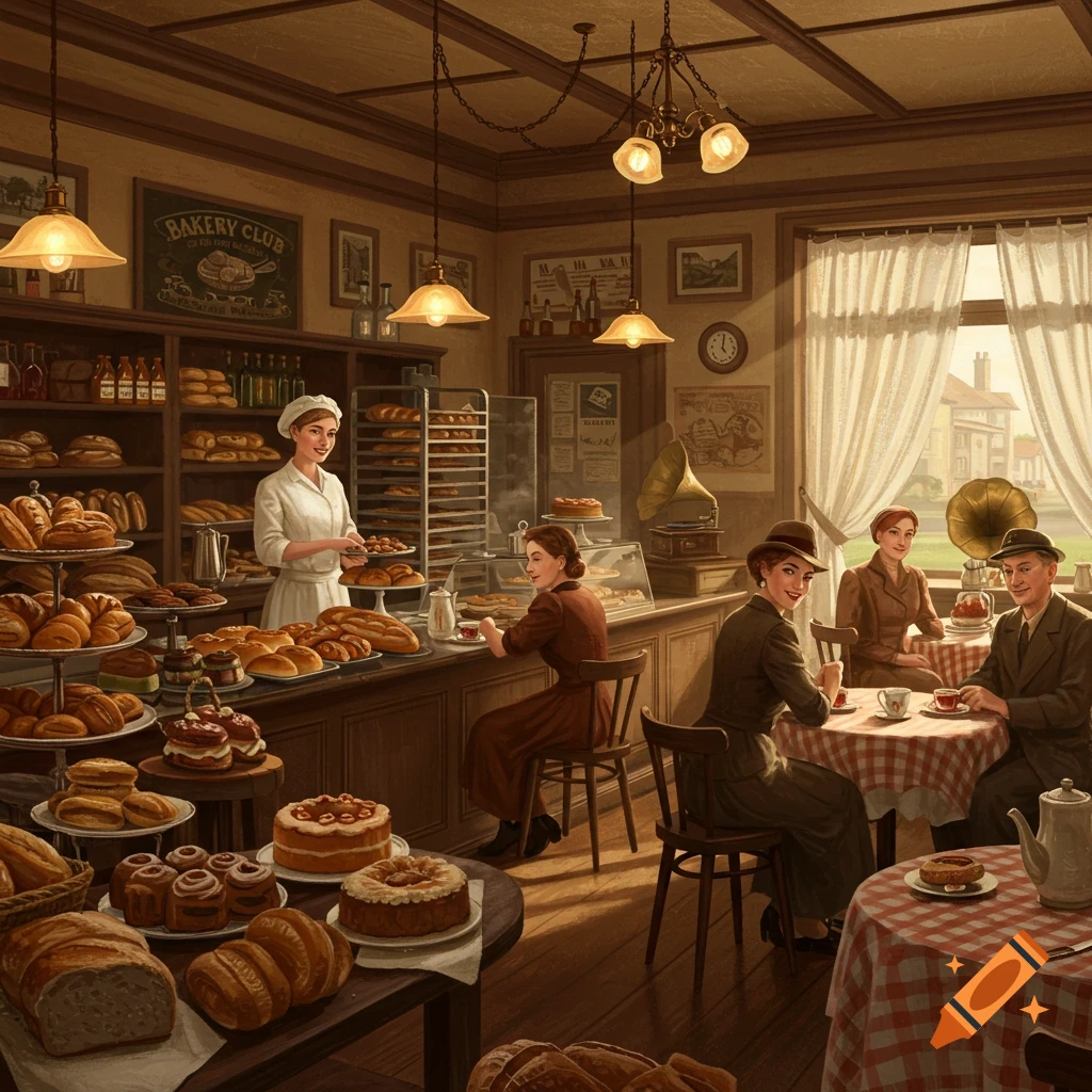 A bustling vintage bakery with a baker behind the counter, customers at tables, and shelves filled with baked goods.