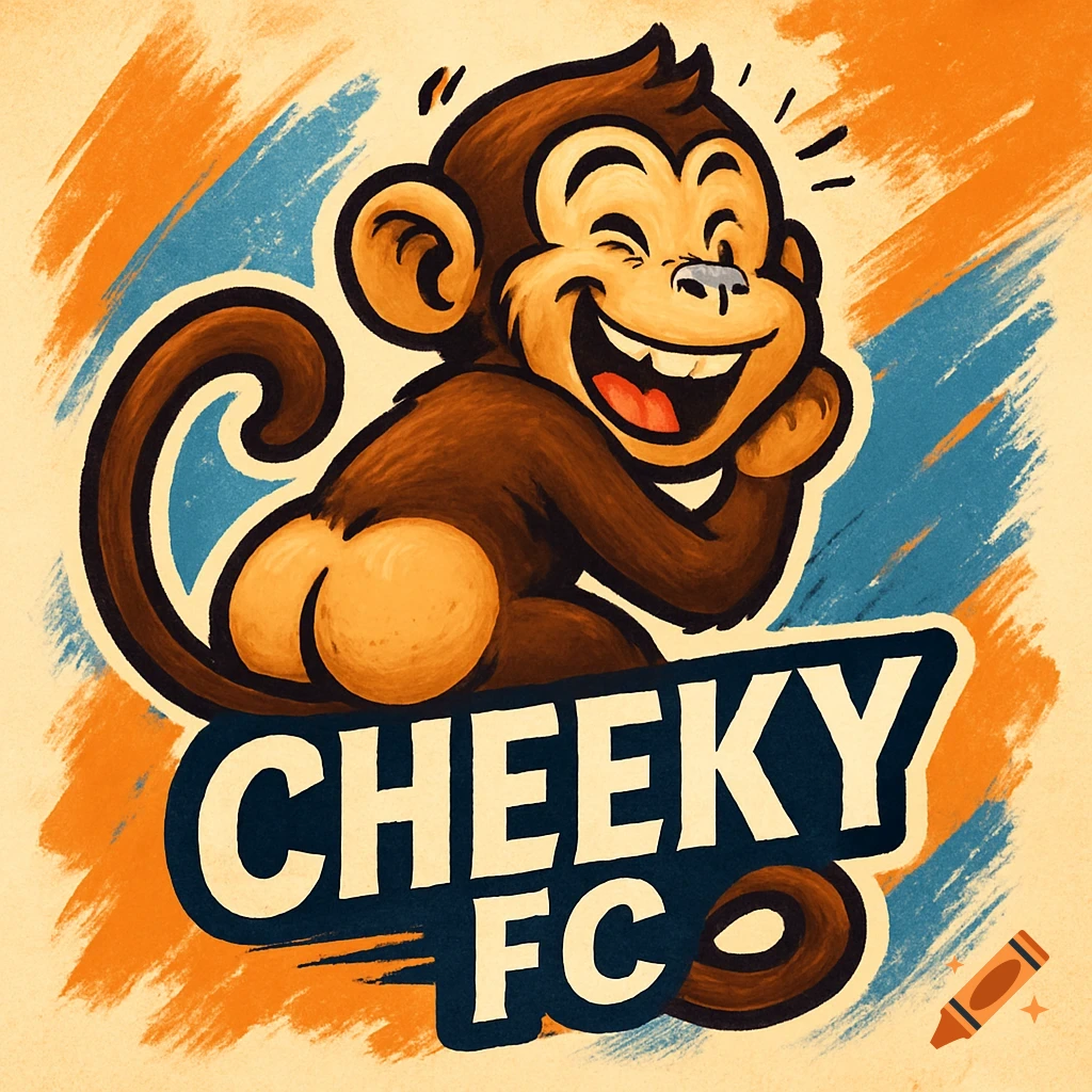 Cartoon logo of a laughing monkey showing its butt with 'CHEEKY FC' text.