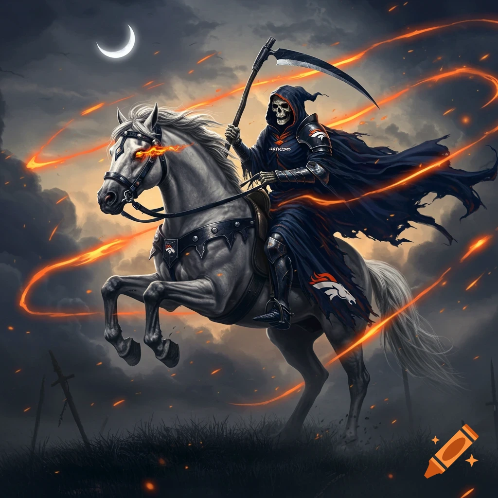 A grim reaper in a Denver Broncos themed cloak rides a white horse through a stormy, fiery landscape under a crescent moon.