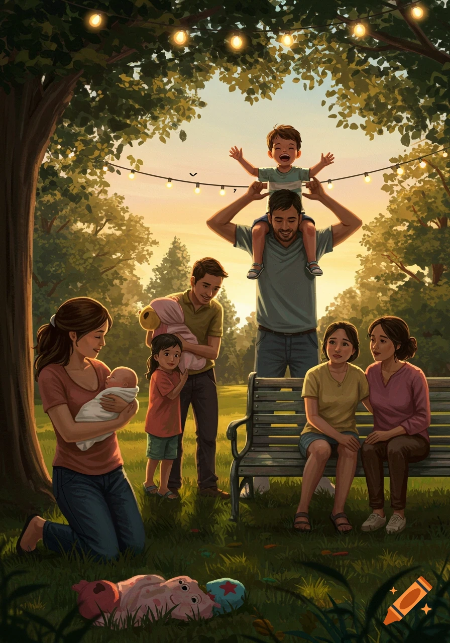 An illustrated family scene in a park: a woman holds a baby, a man carries a child on his shoulders, other family members sit on a bench under string lights.