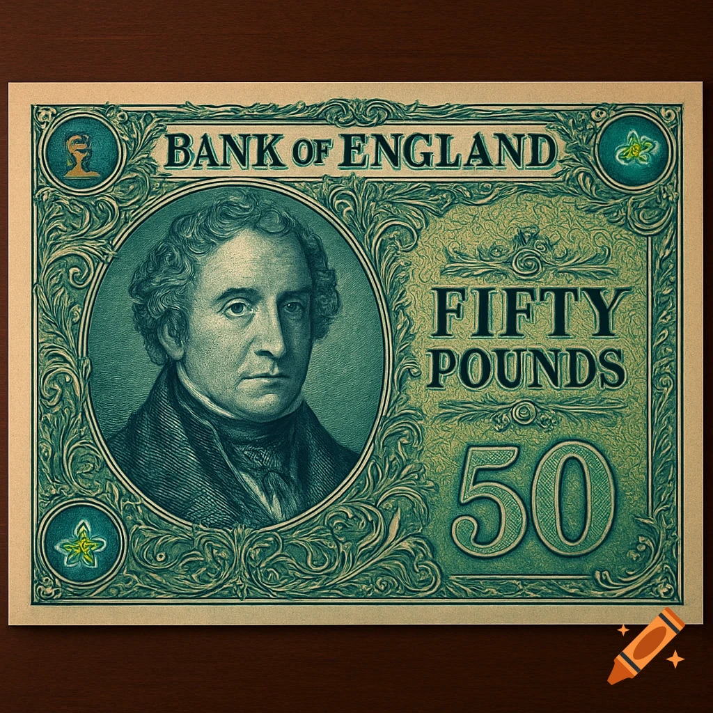 A stylized vintage green fifty pound banknote featuring a portrait of a man, Bank of England text, and numerical value 50.