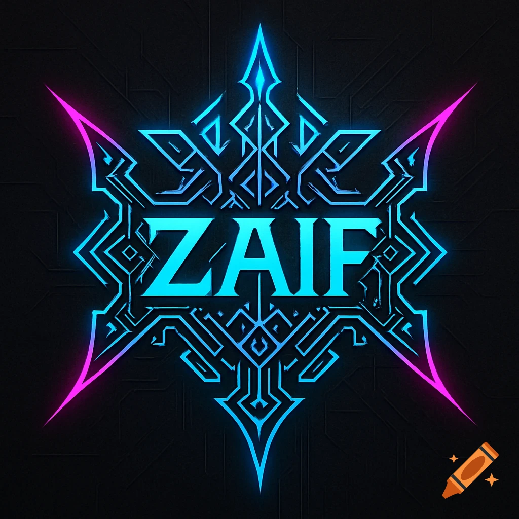 Glowing blue and pink cyber sigilism logo with intricate patterns and the word 'ZAIF' in the center.