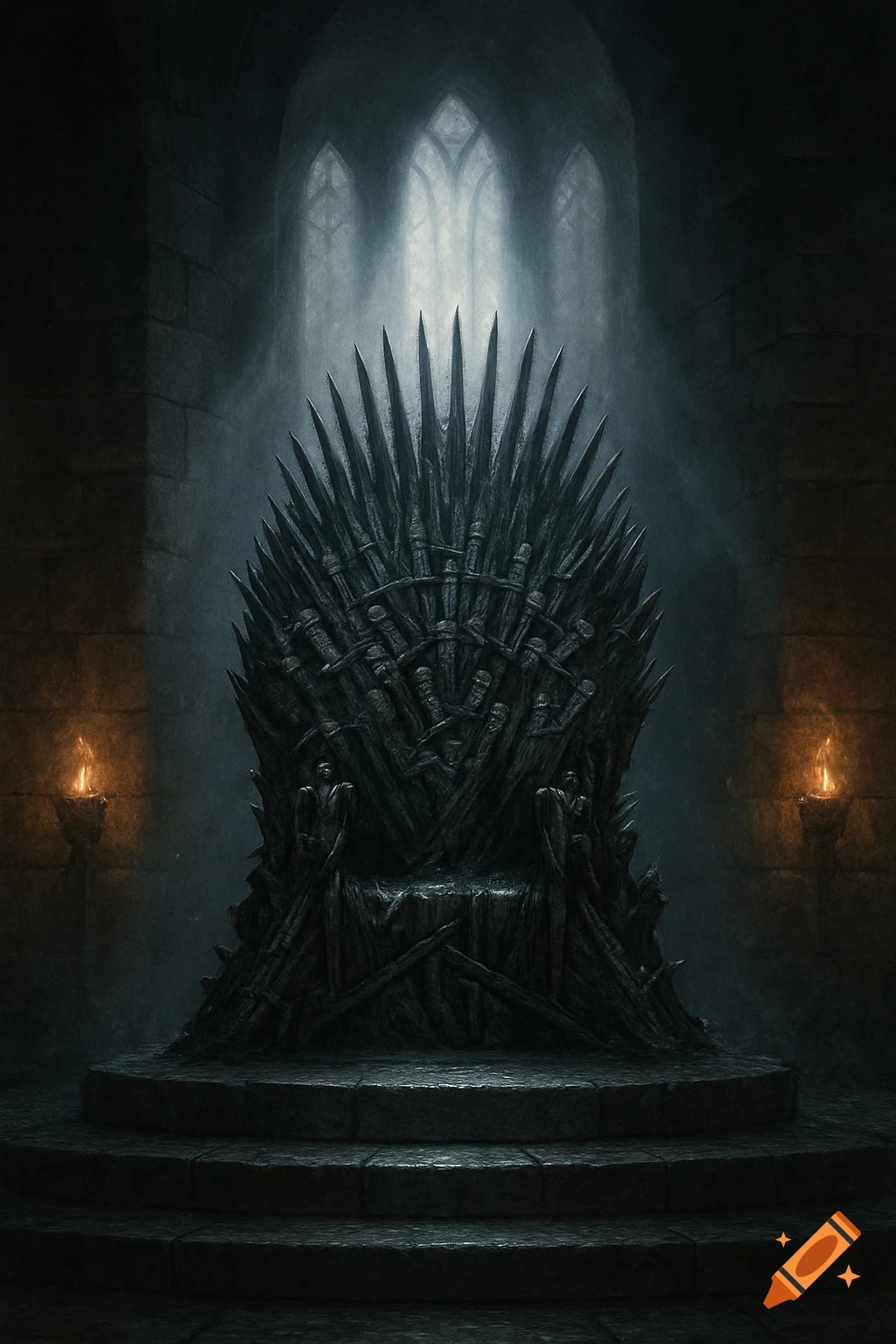 A dark, detailed Iron Throne made of swords in a misty castle hall, lit by torches and light from arched windows.