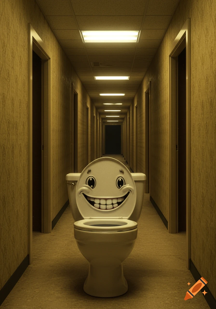 A smiling cartoon toilet sits in a long, dim, yellow corridor with many doors and fluorescent lights, evoking a liminal space.
