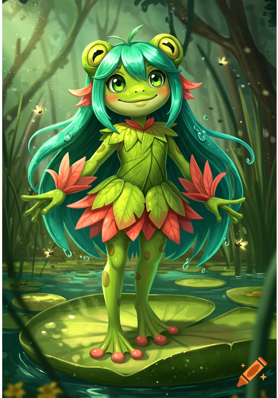 Anime frog girl with long teal hair and a leaf dress, standing on a lily pad in a vibrant, misty forest swamp.