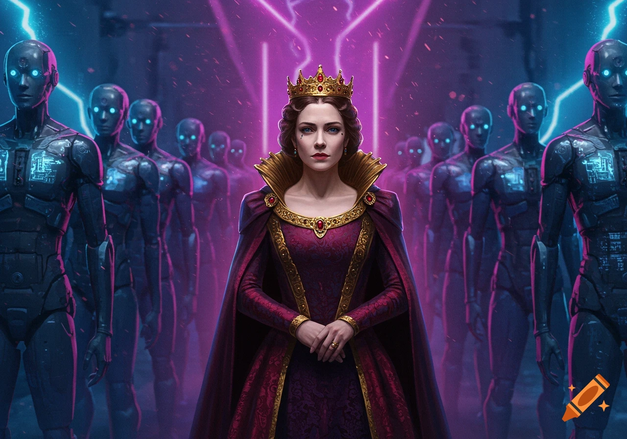 A regal queen in a golden crown and crimson gown stands before an army of glowing-eyed humanoid robots in a neon-lit, futuristic scene.