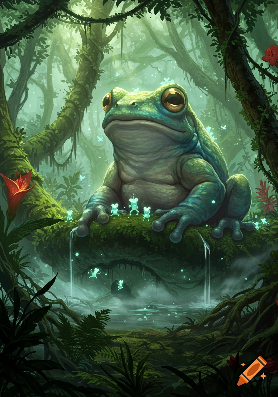 A giant green and blue frog sits on a mossy branch in a misty jungle, surrounded by small glowing fairy-like creatures and a glowing waterfall.