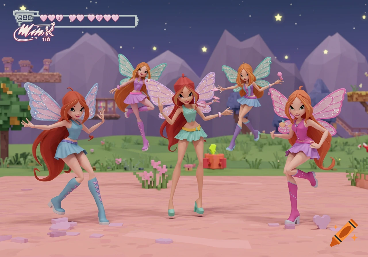 Five red-haired Winx Club fairies pose in a blocky 3D low-poly game world at night with a game UI.