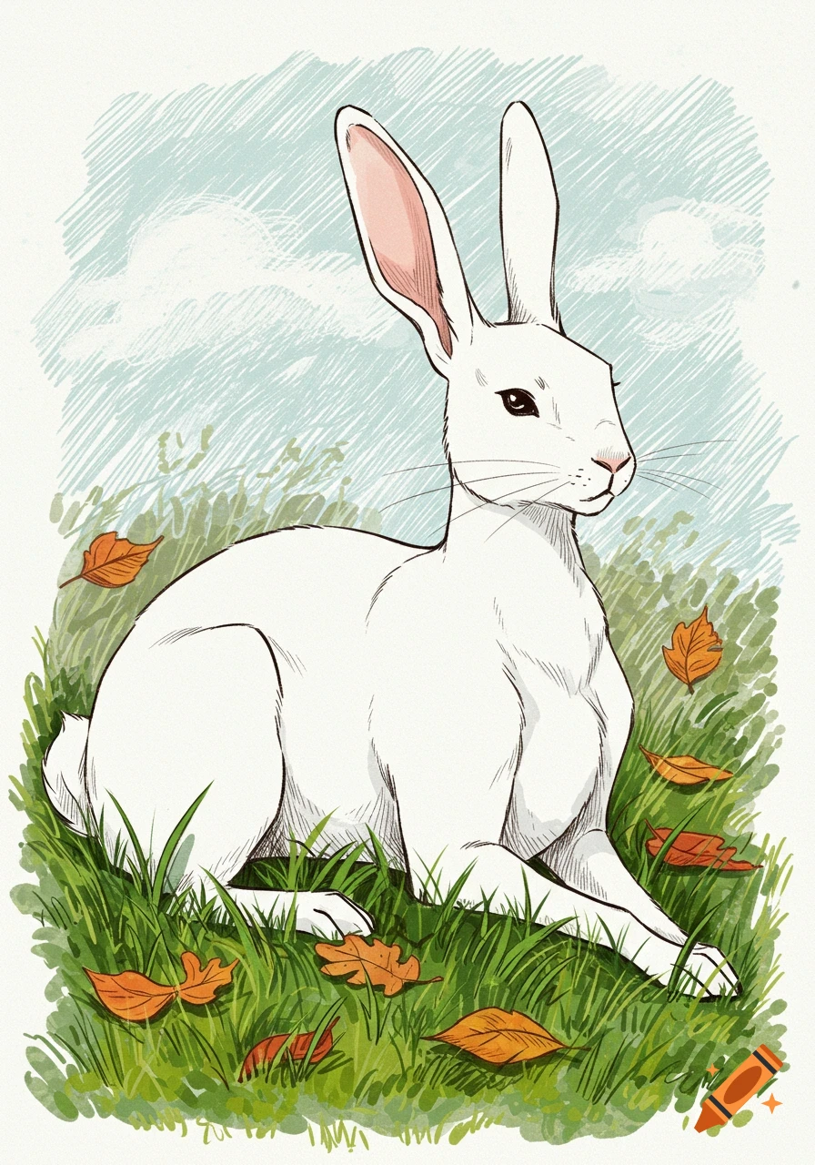 An elegant white rabbit with long ears rests in green grass, surrounded by orange autumn leaves, under a blue sky with sketchy clouds. Illustrated style.