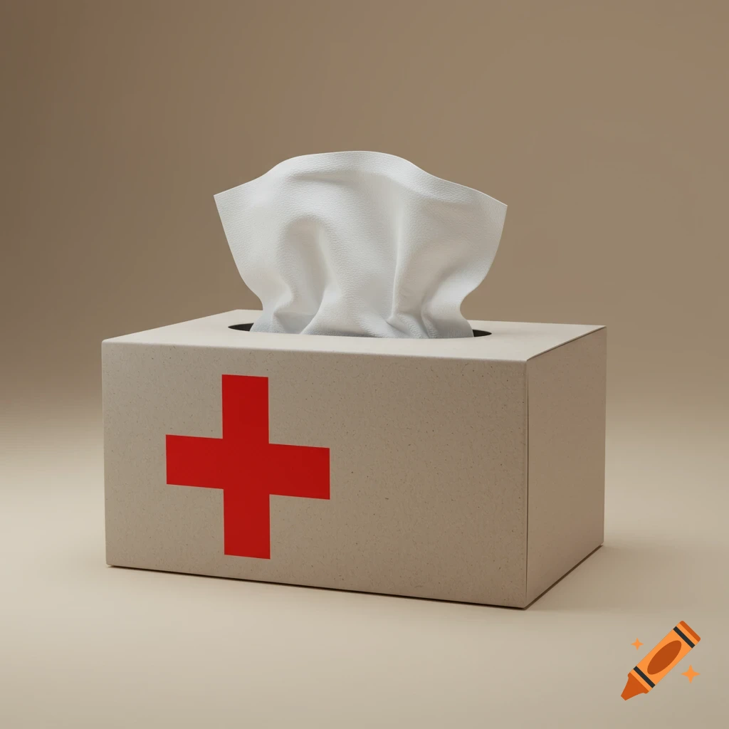 A beige tissue box with a red cross symbol on the front, a white tissue emerging from the top, on a plain background.