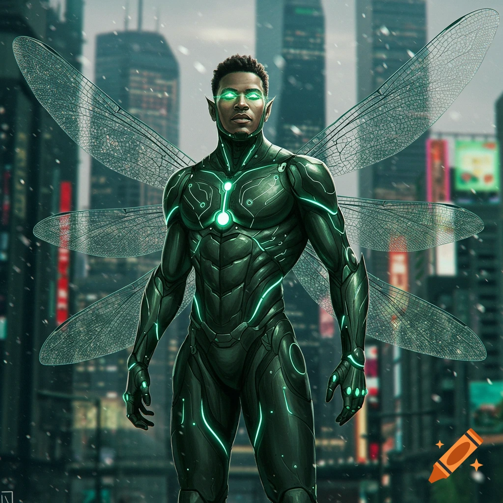 Digital art of a Black male superhero with dragonfly wings, glowing green eyes, and dark green armored suit, standing in a futuristic city.