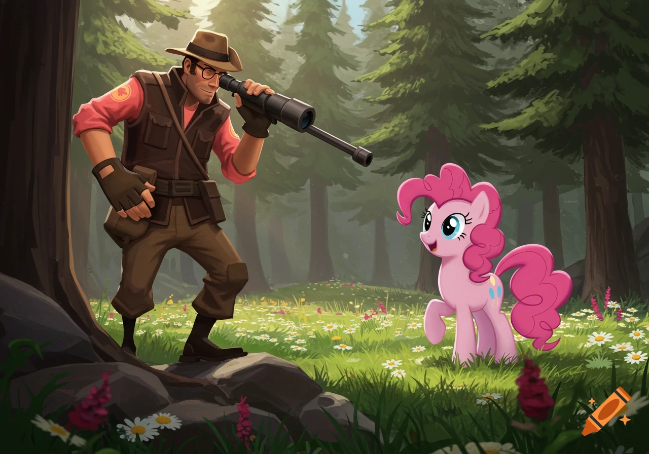 Sniper from Team Fortress 2 peers through a scope at Pinkie Pie from My Little Pony in a sunny, flower-filled forest.