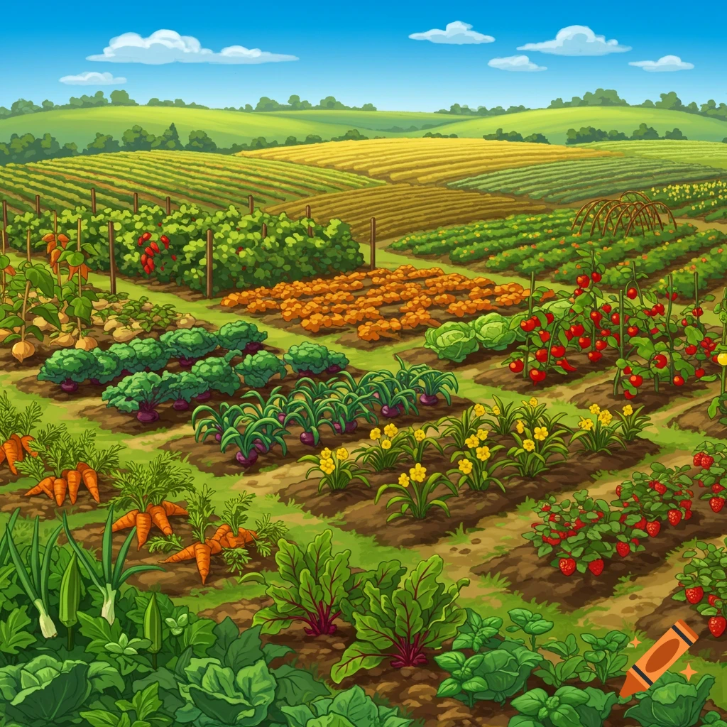 A vibrant cartoon illustration of a large farm with various crops like  carrots, tomatoes, and strawberries under a blue sky. on Craiyon, image size:1024x1024