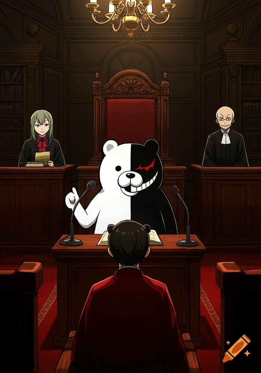 Monokuma, a black and white bear, sits as judge in an anime courtroom with other legal figures and a person in red robes.