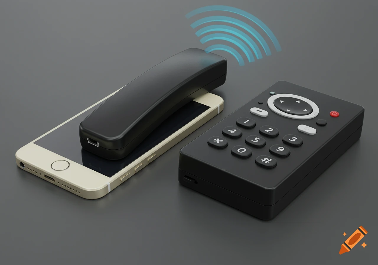 A cream iPhone and a black wireless receiver with blue signal waves next to a black remote control on a dark gray surface.