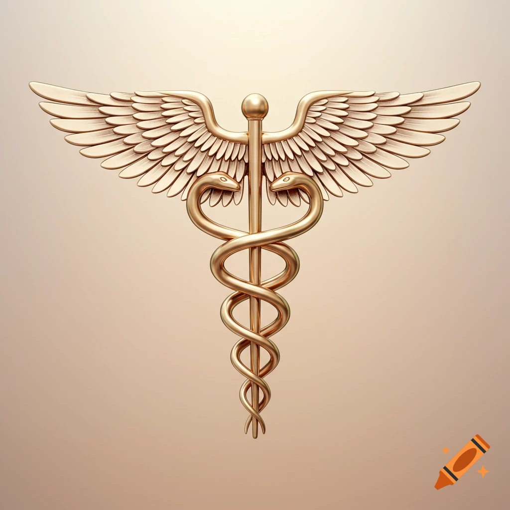 A gleaming golden Caduceus symbol with two intertwined snakes and large wings, set against a soft, light background.