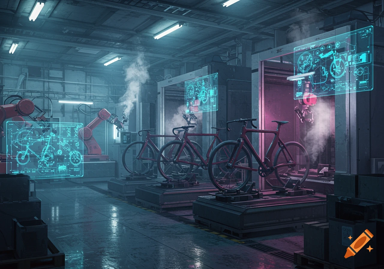 A futuristic industrial factory with robotic arms assembling bicycles on a production line, illuminated by glowing holographic screens.