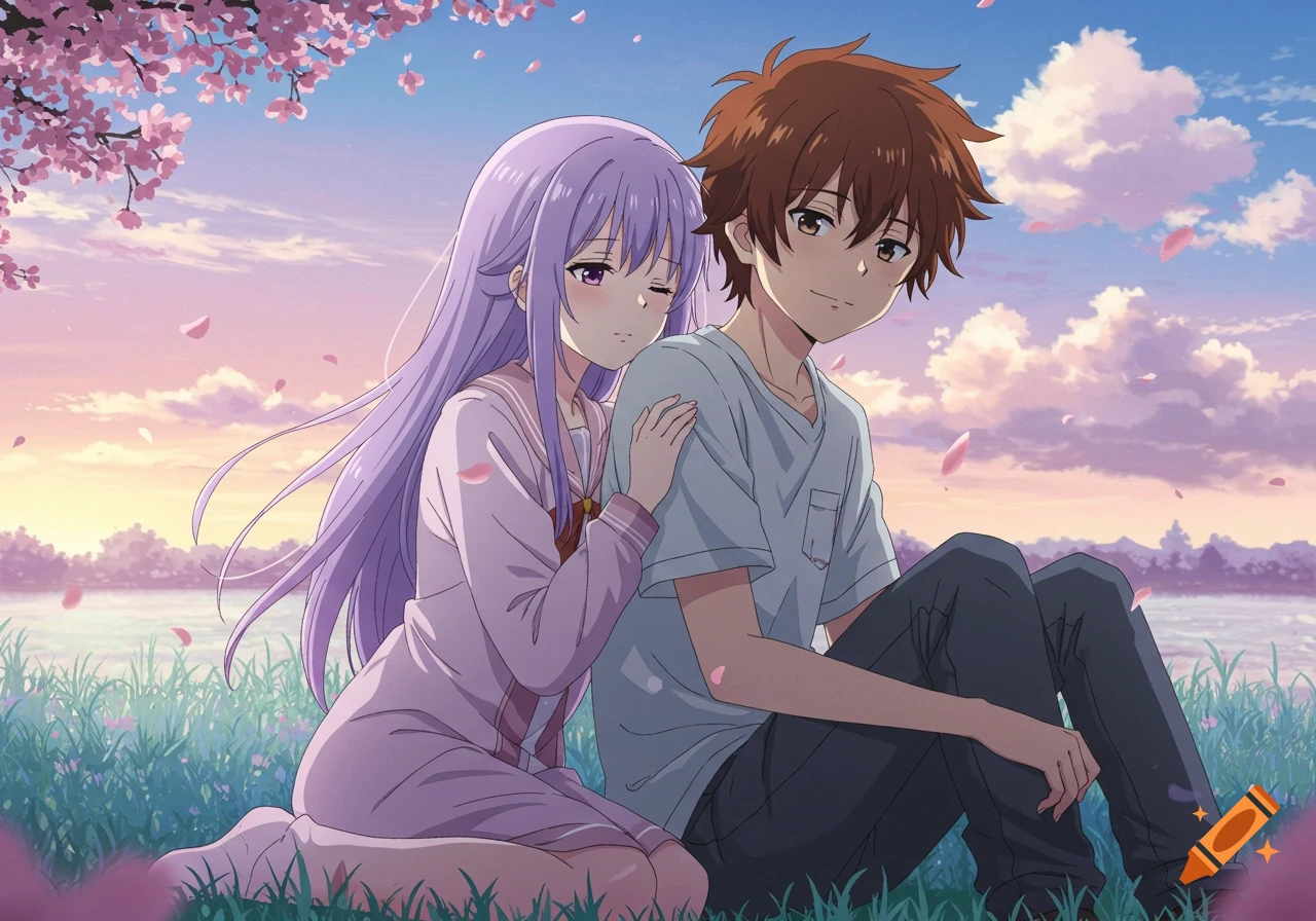 Anime girl with purple hair leans on a brown-haired boy's shoulder in a grassy field under cherry blossoms at sunset, by a lake.