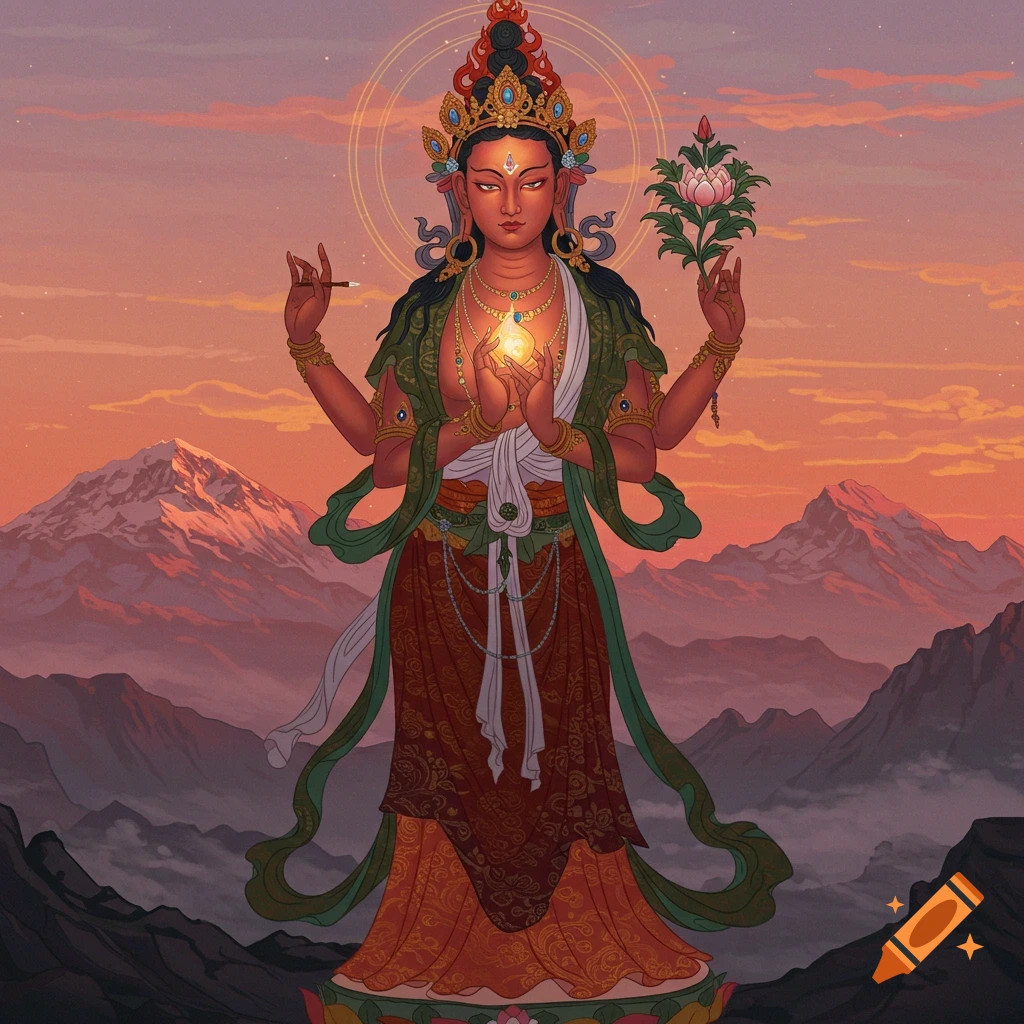 A multi-armed, red-skinned goddess in traditional attire glows against a sunset mountain landscape, holding a lotus and a pen.