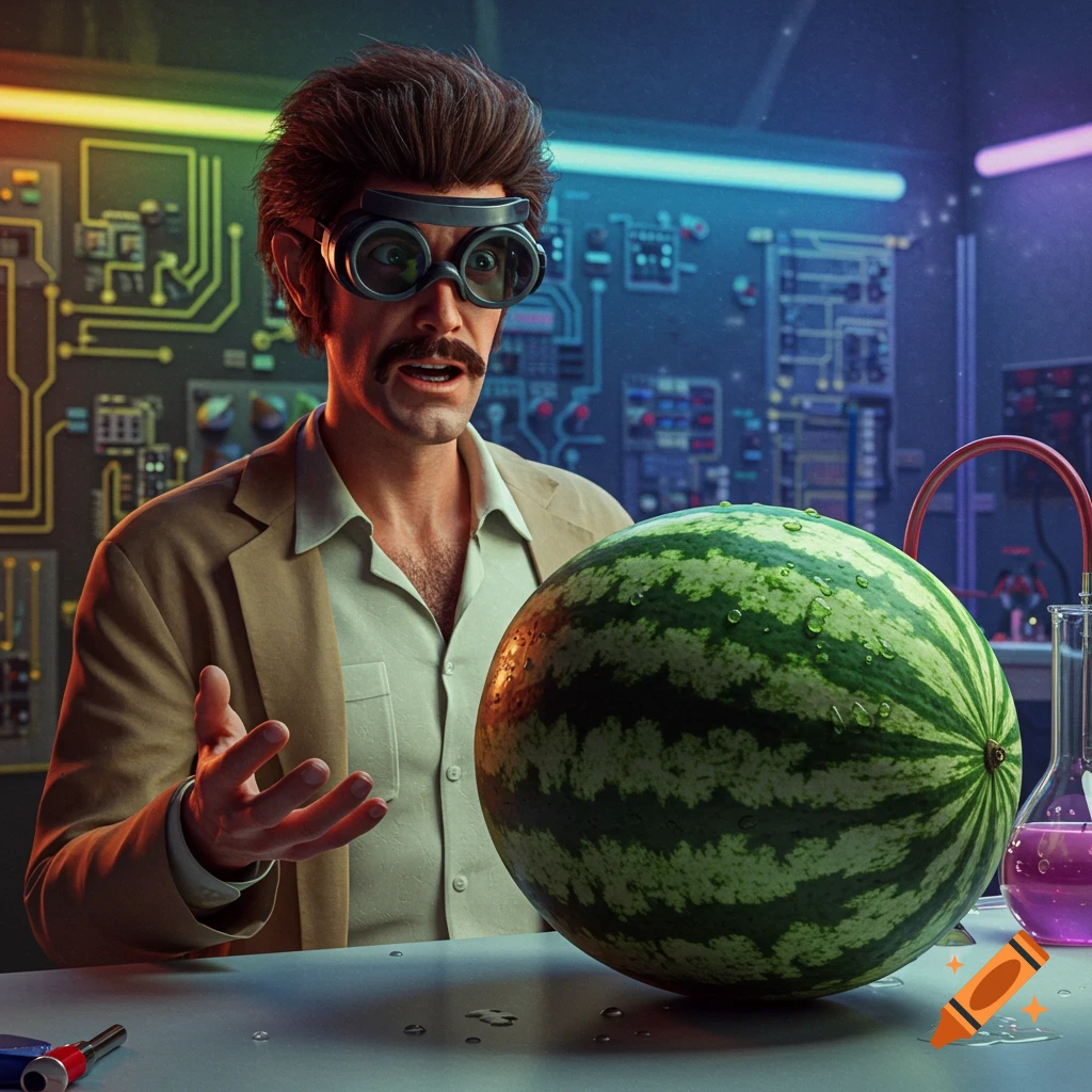 A surprised scientist in goggles looks at a large watermelon on a lab table, with glowing circuitry in the background. Photorealistic digital art.