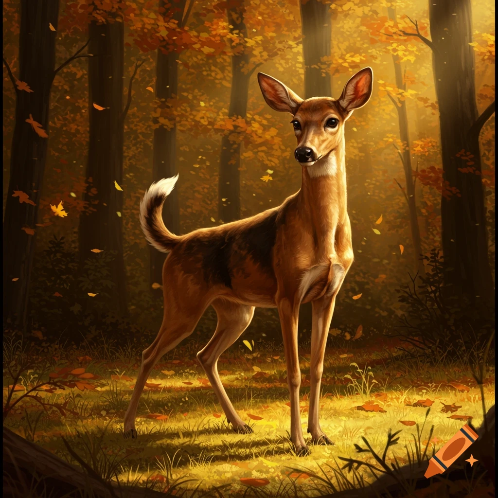 A young deer stands gracefully in a sun-dappled autumn forest with falling orange leaves.