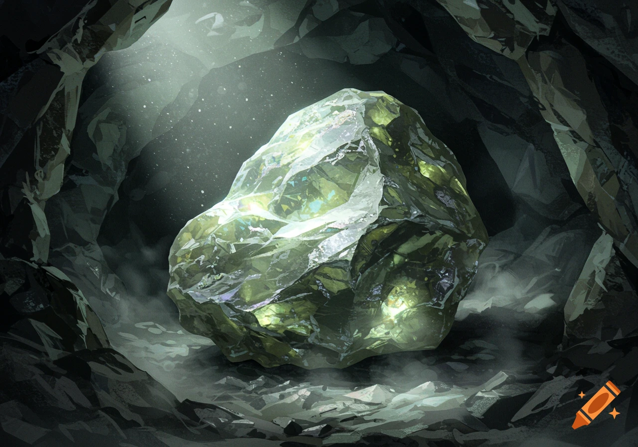 A large, glowing, green crystalline ore sits in a dark cave, illuminated by a beam of light from above.