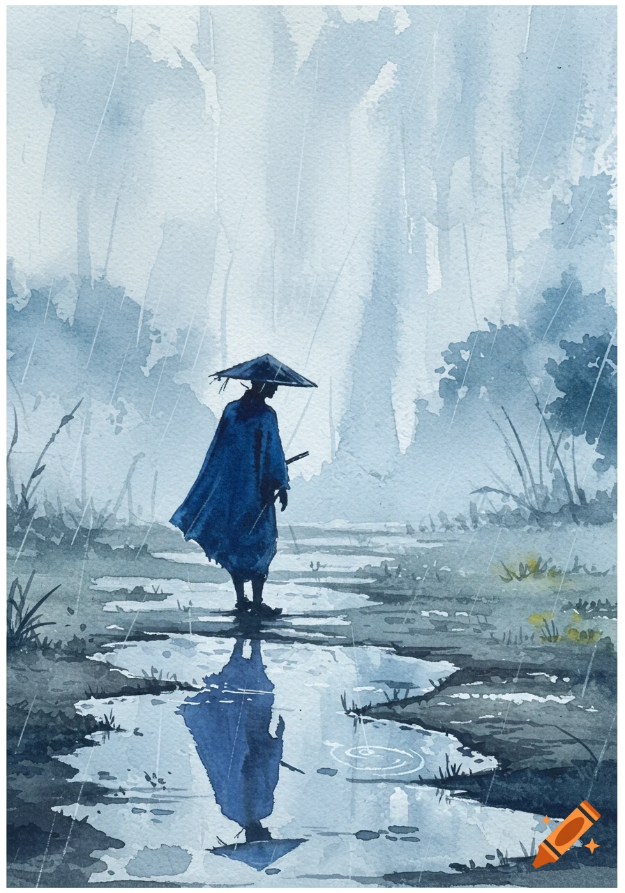 A samurai in a blue kimono and rice paddy hat walks through puddles in the rain, watercolor painting.