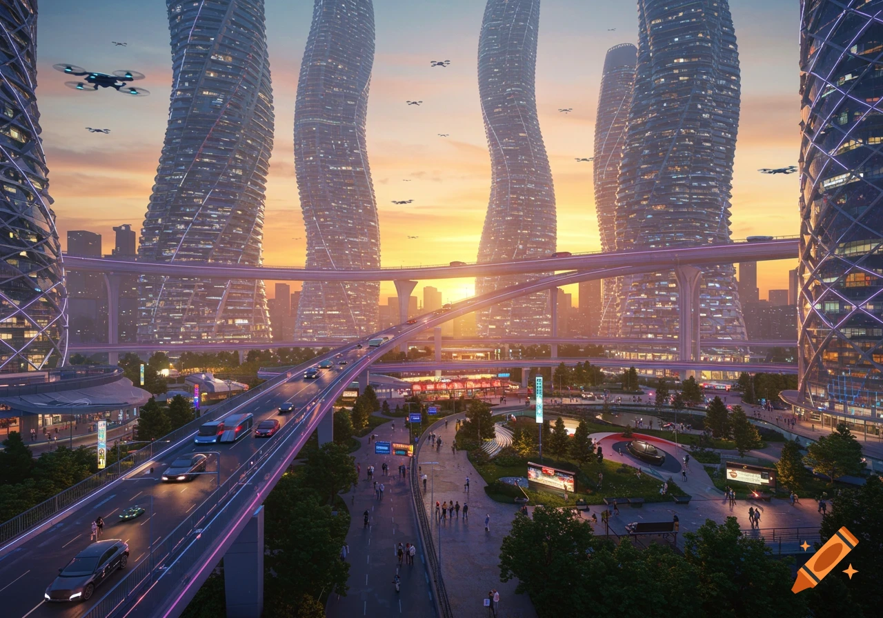 A vibrant, futuristic city at sunset, featuring towering twisted skyscrapers, elevated highways with cars, flying drones, and bustling streets.