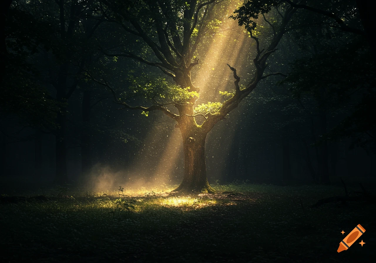 Sunlight streams through the branches of a large, ancient tree in a dark, misty forest, illuminating the ground.