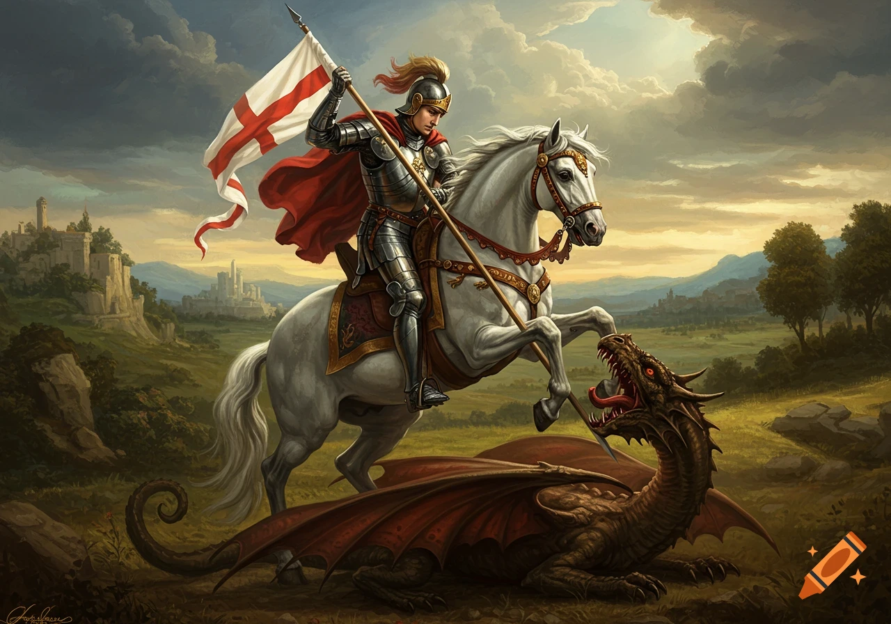Saint George on a white horse, in shining armor, slays a dark dragon, holding a St. George's flag in a renaissance style painting with a castle background.