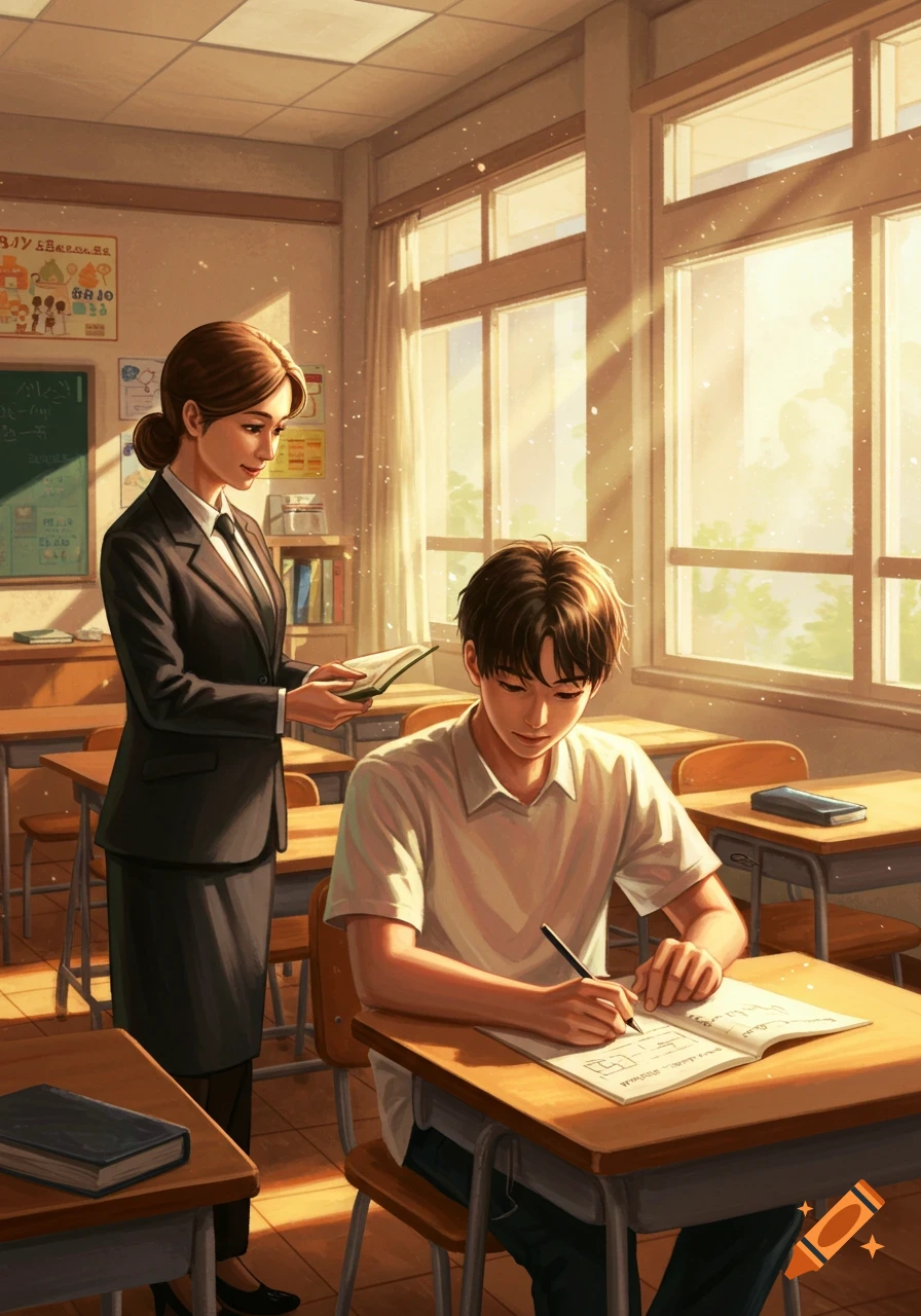 Anime style illustration of a female teacher in a suit observing a male student writing at a desk in a sunlit classroom.