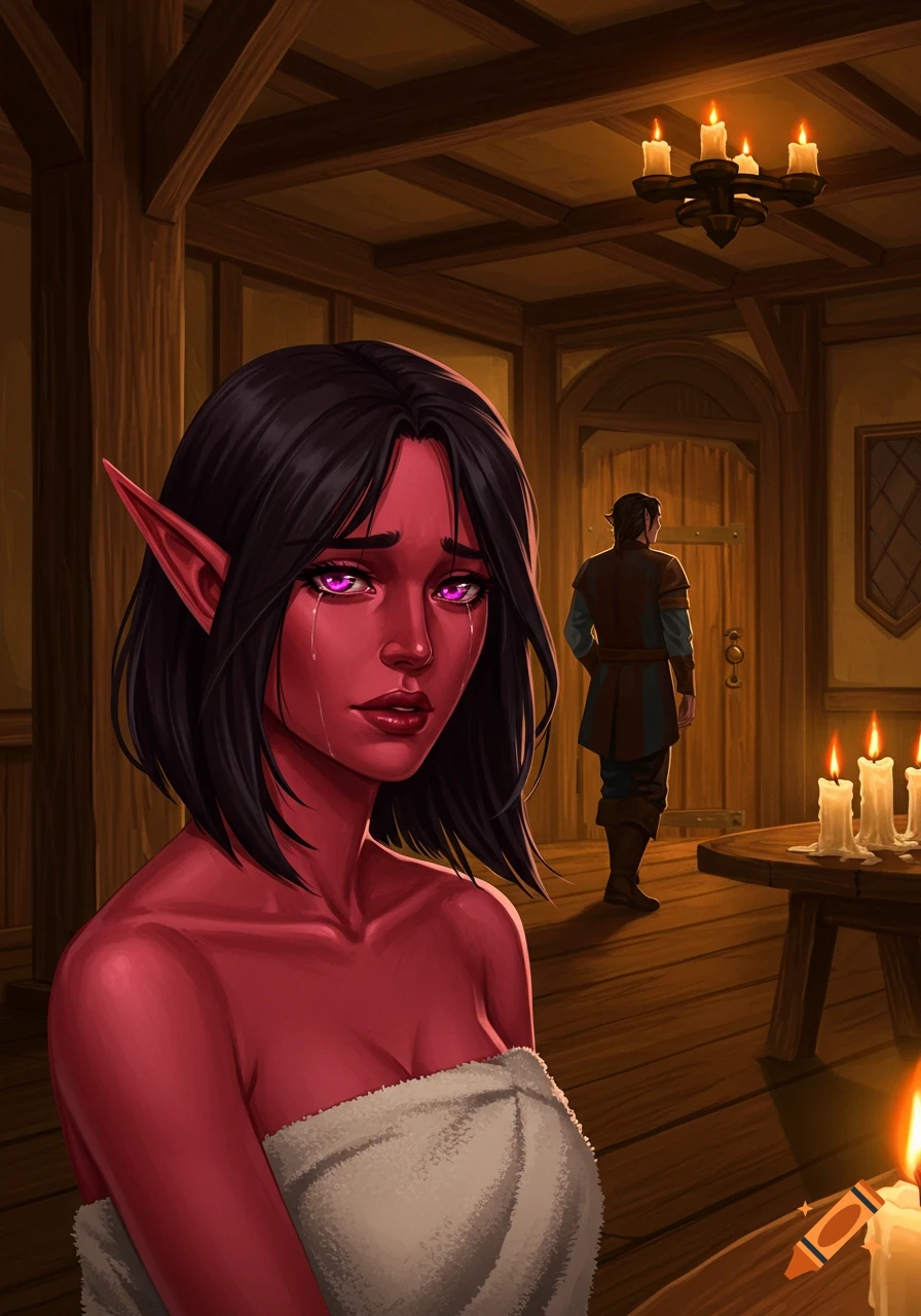A red-skinned elf woman in a bath towel cries in a tavern inn room, while a man leaves through a door in the background. DnD art style.