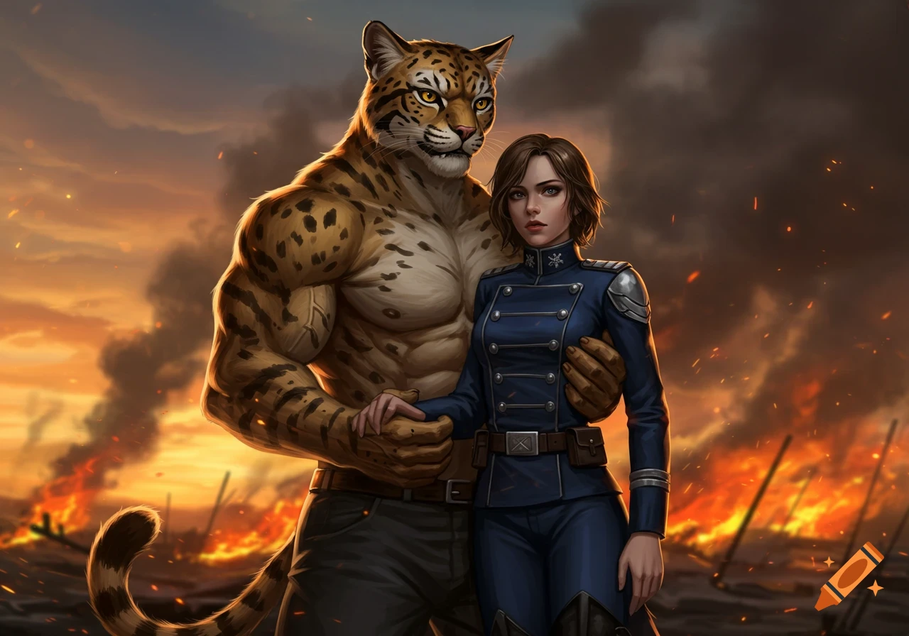 A muscular anthropomorphic wildcat embraces a woman in a blue military uniform against a burning, smoky background.