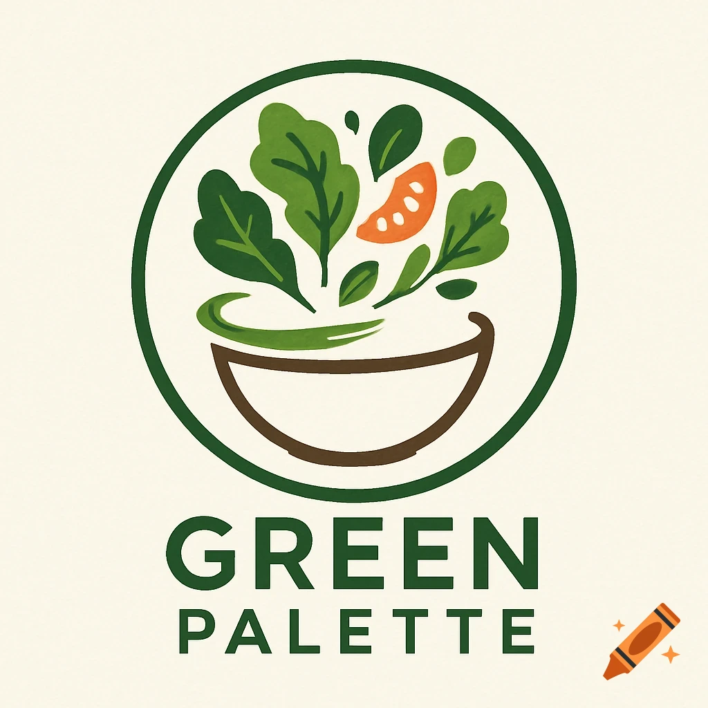 Green Palette logo: a stylized bowl with salad leaves and a tomato slice inside a green circle on a cream background, with text 'GREEN PALETTE'.