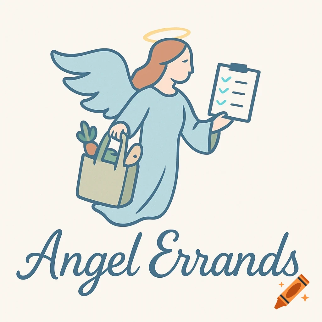 Simple illustration of a cartoon angel with a halo and wings, holding a grocery bag and a checklist. The text 'Angel Errands' is below.