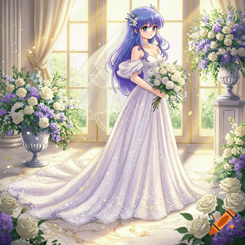An anime girl with long purple hair, wearing an elegant white wedding dress and holding a white bouquet, stands in a brightly lit room decorated with flowers.