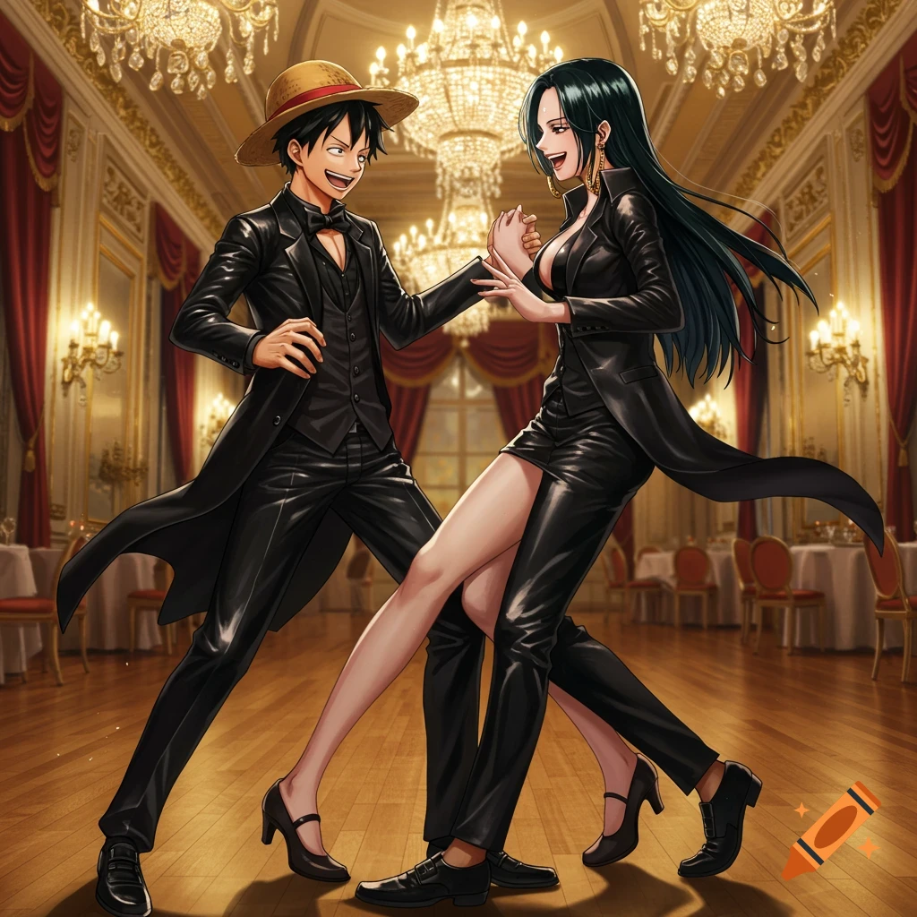 Anime illustration of Luffy and Boa Hancock dancing in black suits in a lavish ballroom.