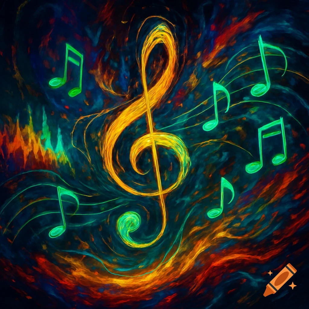 A vibrant, colorful abstract painting featuring a golden treble clef and glowing green musical notes against a dark, swirling background.