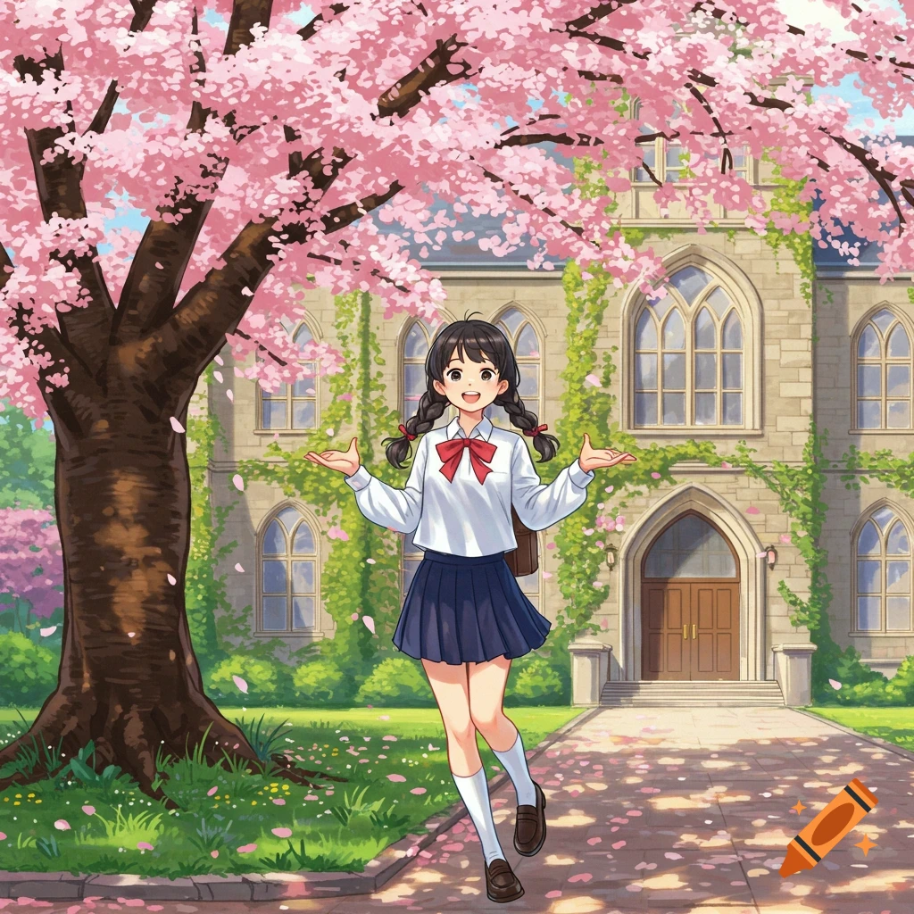 An anime schoolgirl with braided pigtails smiles, standing under a pink cherry blossom tree in front of a stone school building.