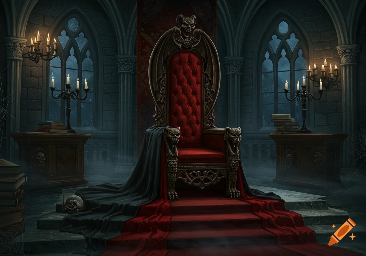 A dark gothic throne room featuring a red velvet throne with bat-like and gargoyle details, flanked by candelabras and arched windows.