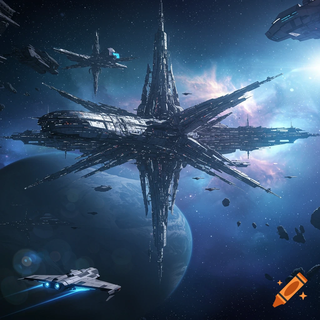 A detailed sci-fi space station with multiple arms and spires orbits a blue planet, surrounded by smaller spaceships and asteroids, with a nebula in the background.