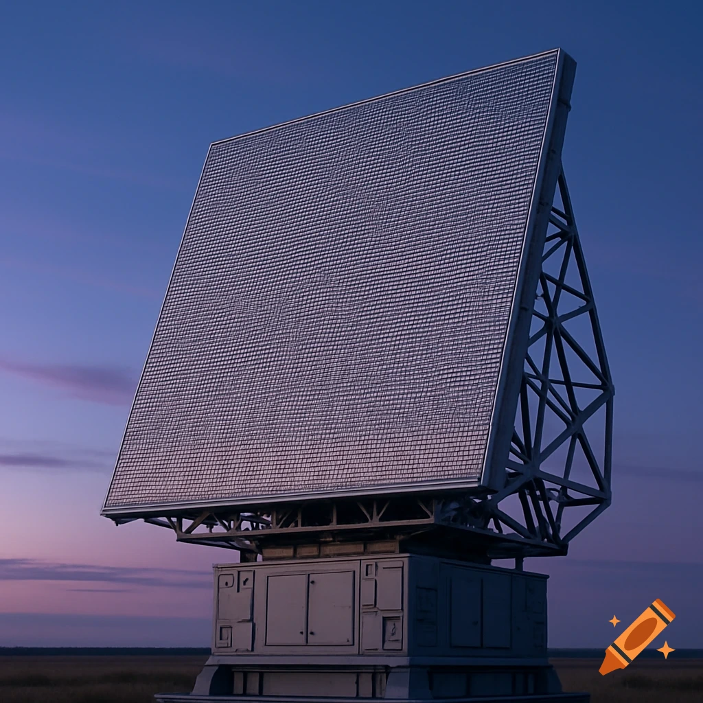 Photorealistic image of a large phased array radar against a blue and purple twilight sky, standing in a field.