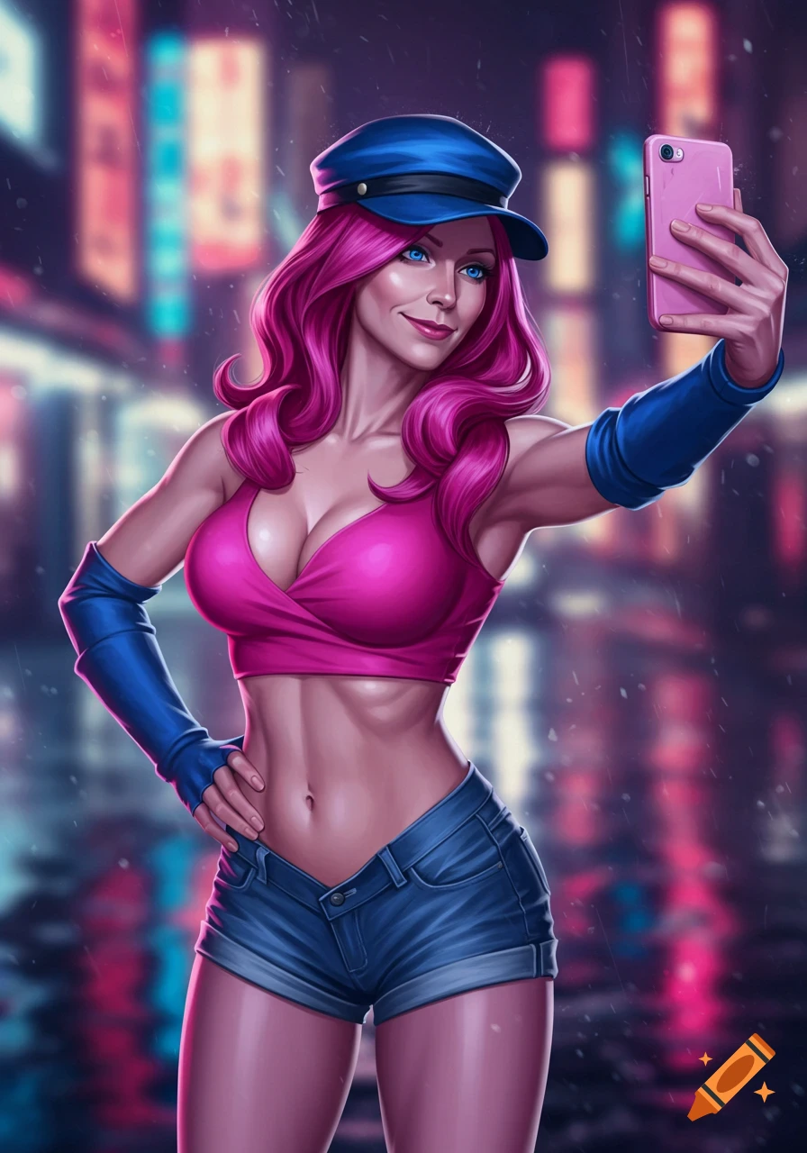Illustration of a woman with pink hair, blue cap, pink crop top, and denim shorts, cosplaying as Poison from Street Fighter, taking a selfie in a neon city.