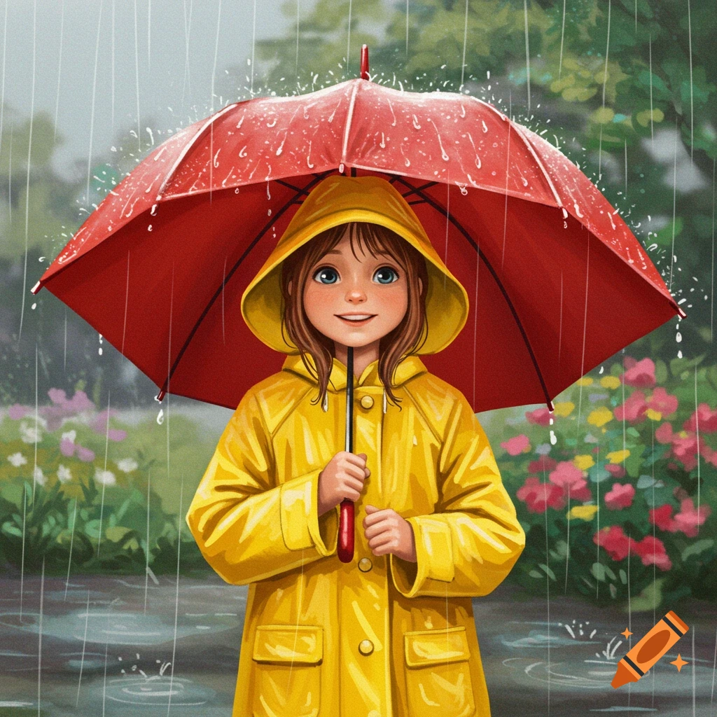 Illustrated girl in a yellow raincoat and hood holds a red umbrella while standing in the rain.