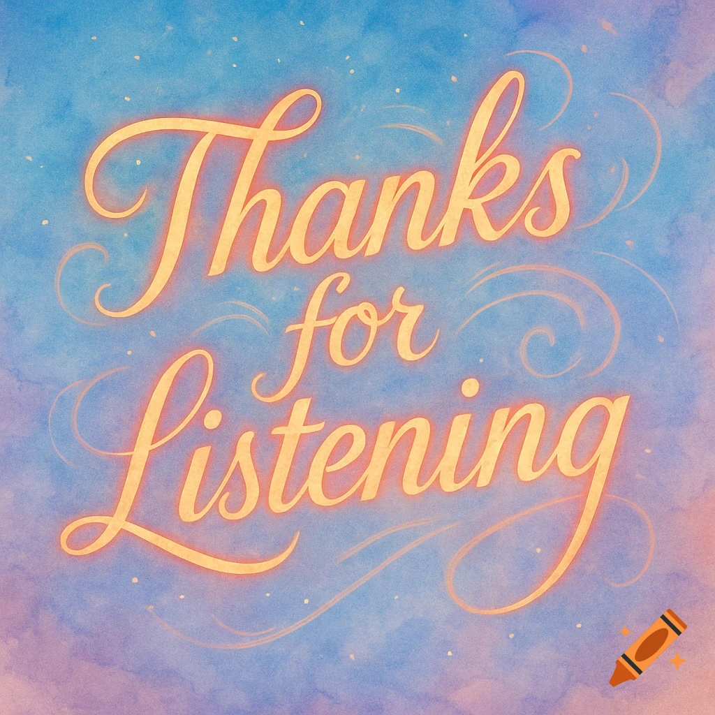 Glowing orange script reads 'Thanks for Listening' on a blue and pink watercolor background with small white dots.