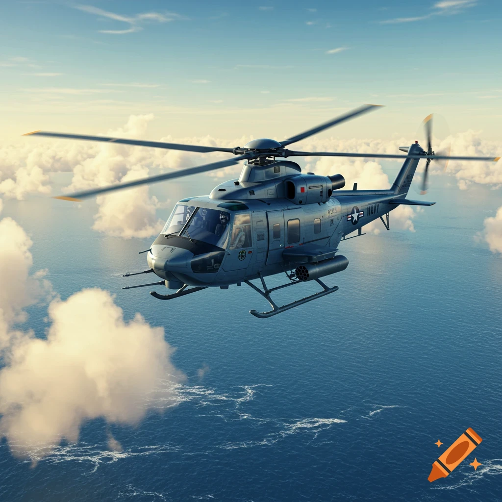 A grey military helicopter flies over a blue ocean with fluffy white clouds in the sky, under a bright sky.