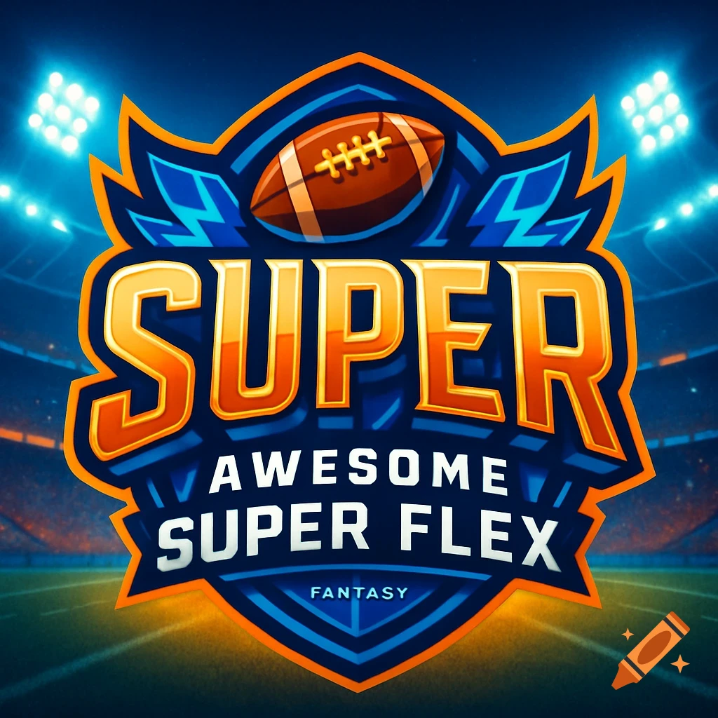 Stylized fantasy football logo with 'Super Awesome Super Flex' text, a football, and stadium lights.