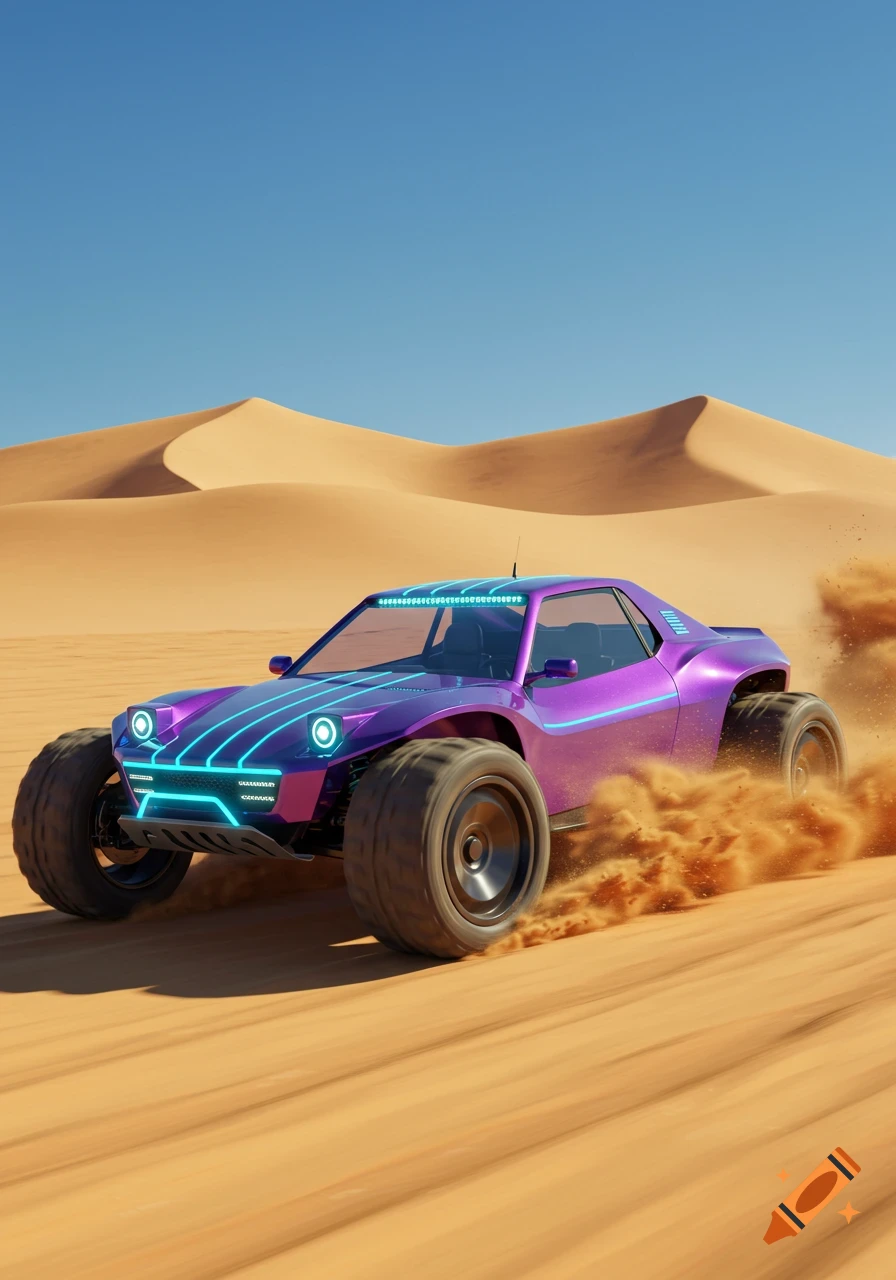 A vibrant purple futuristic dune buggy with blue neon lights drives through a sandy desert, kicking up dust under a clear blue sky.